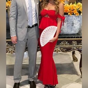 Asos design strapless red cut out peplum dress